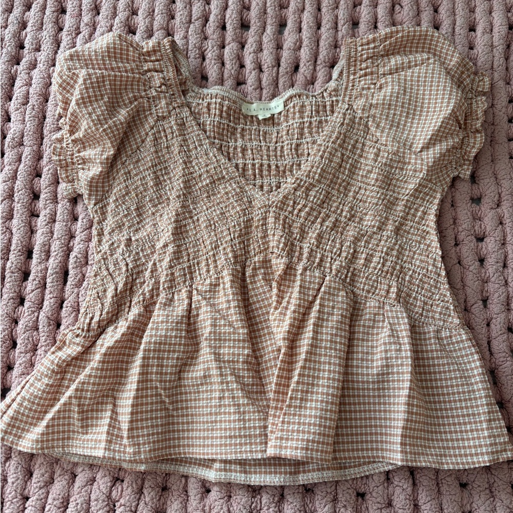 Salmon Gingham Puff Sleeve Top